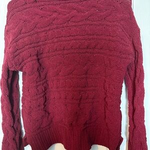 Time and Tru Off-the-Shoulder Cable Knit Sweater - Burgundy